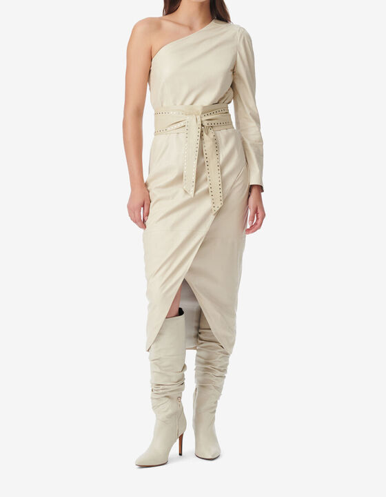 NAVAE ASYMMETRIC LEATHER MIDI DRESS
